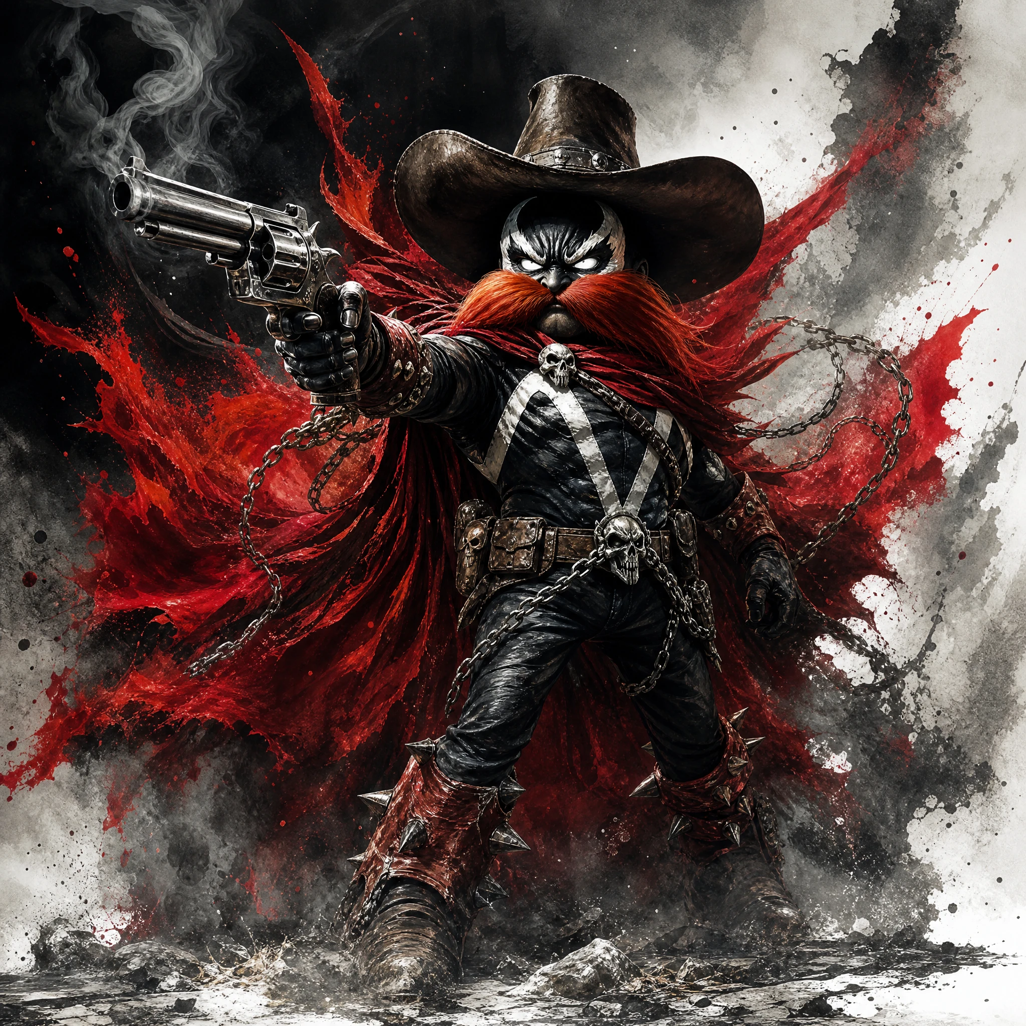 Guerrier en armure visant avec un revolver dans un style fantasy dramatique