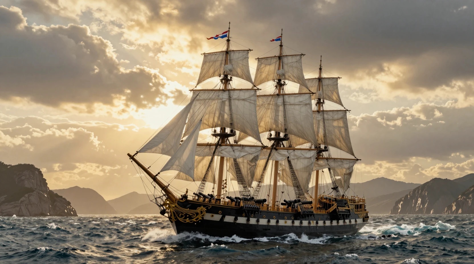 Majestuoso buque de guerra a toda vela sobre olas oceánicas tormentosas