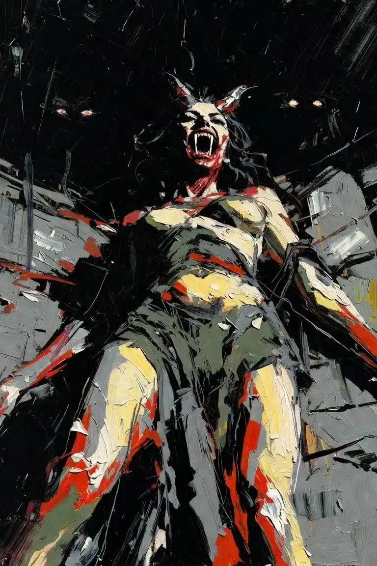 Mujer Demonio Surrealista de Cuerpo Completo en Estilo de Horror Oscuro