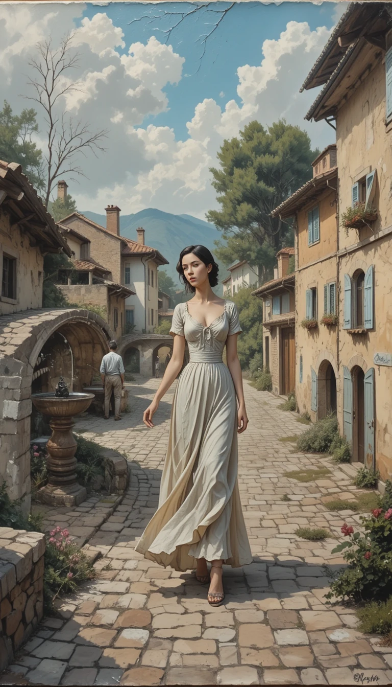 Joven mujer en calle de piedra en aldea poética de impasto