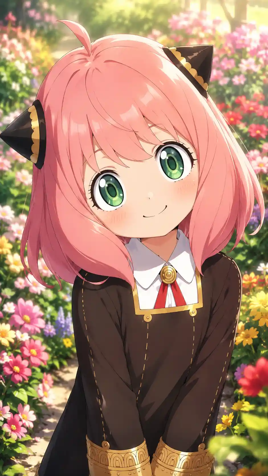 Linda chica de anime sonriendo en un colorido jardín de flores