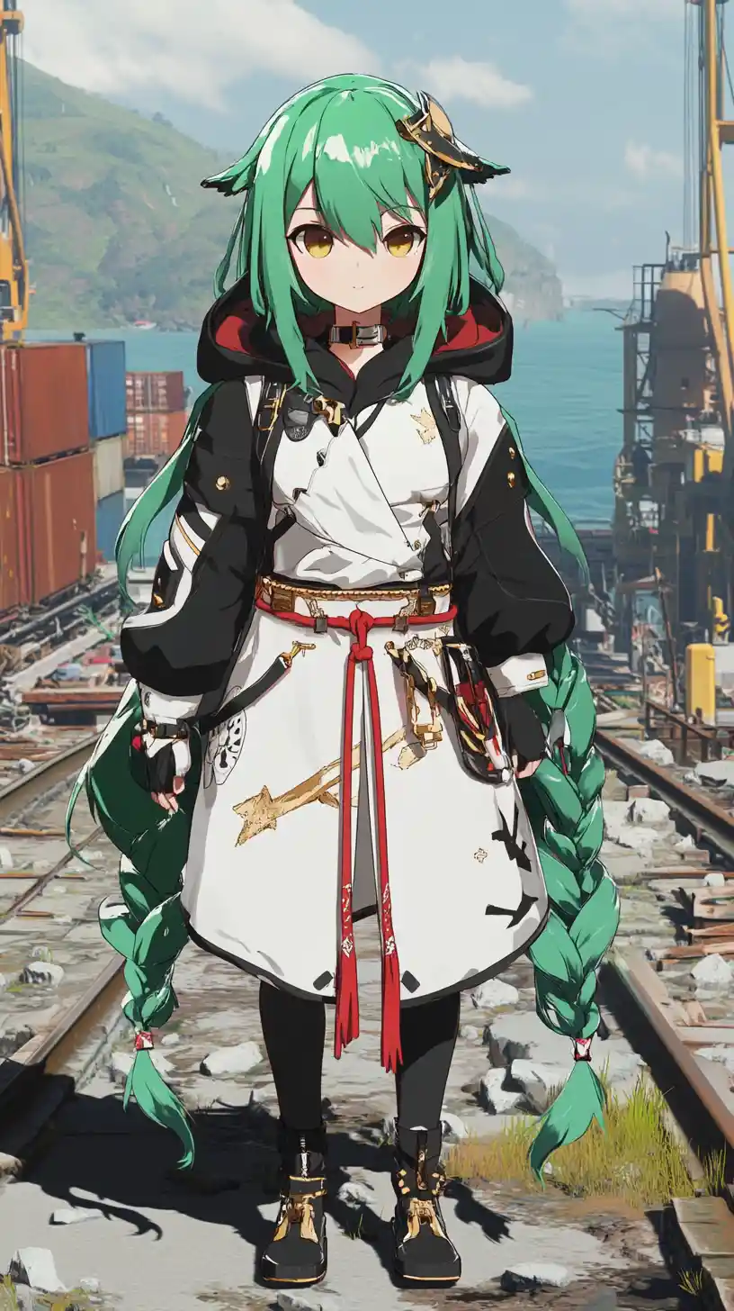 Chica de anime caminando por un colorido puerto
