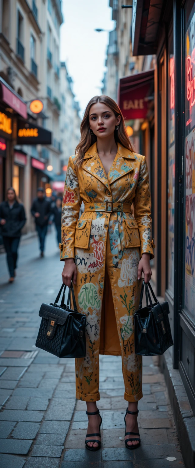 Mujer elegante con bolsas de basura en una calle neón de París