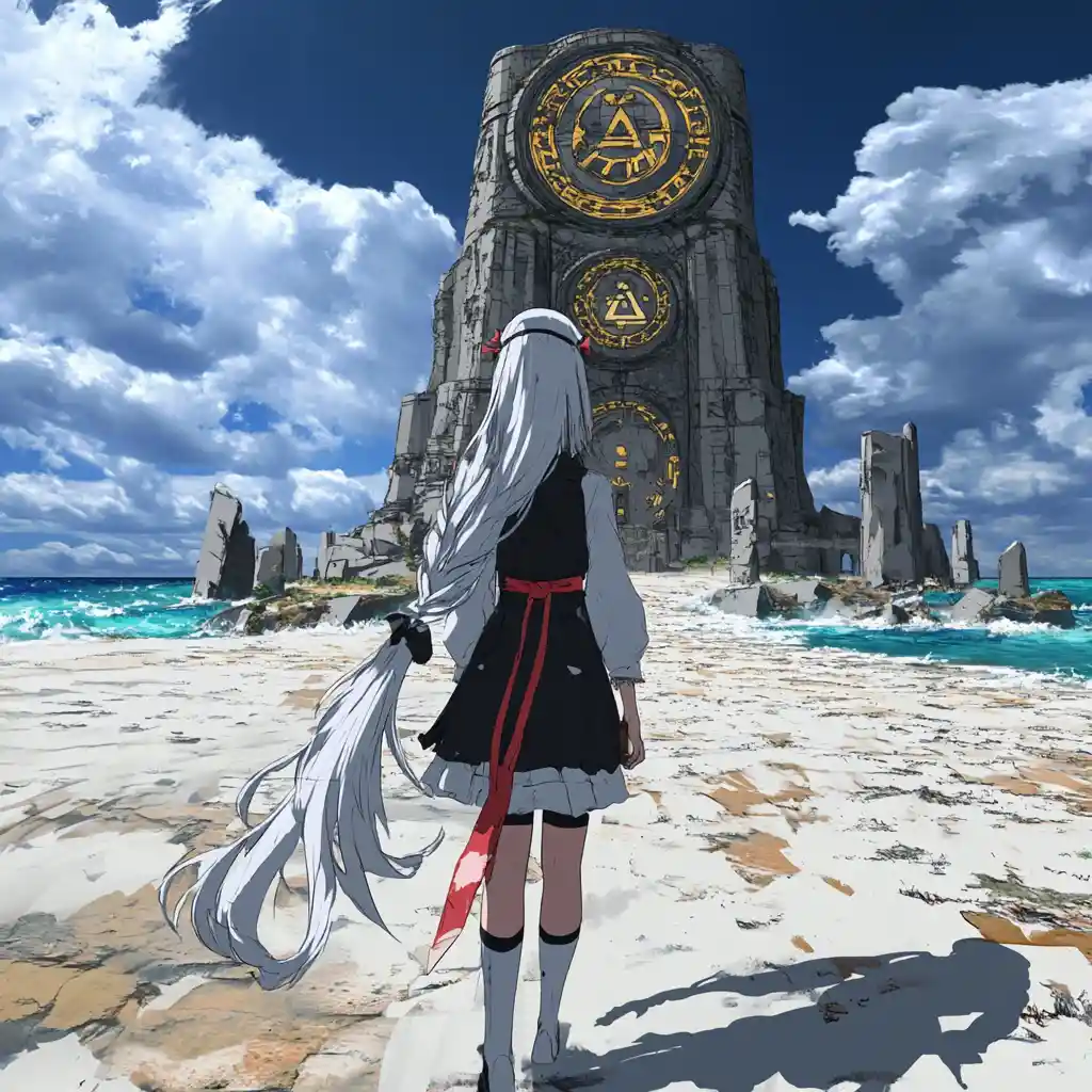Anime girl walking to a colossal stone circle temple