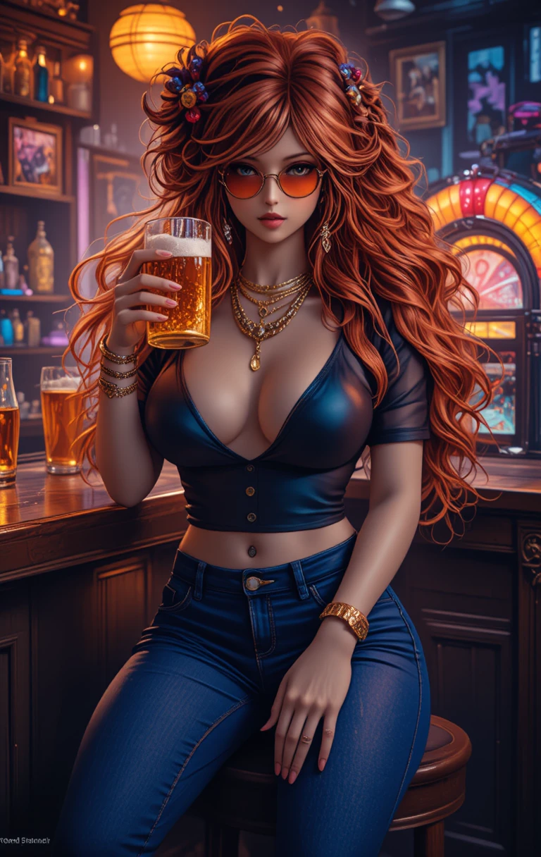Mujer pelirroja bebiendo cerveza en la barra de un bar