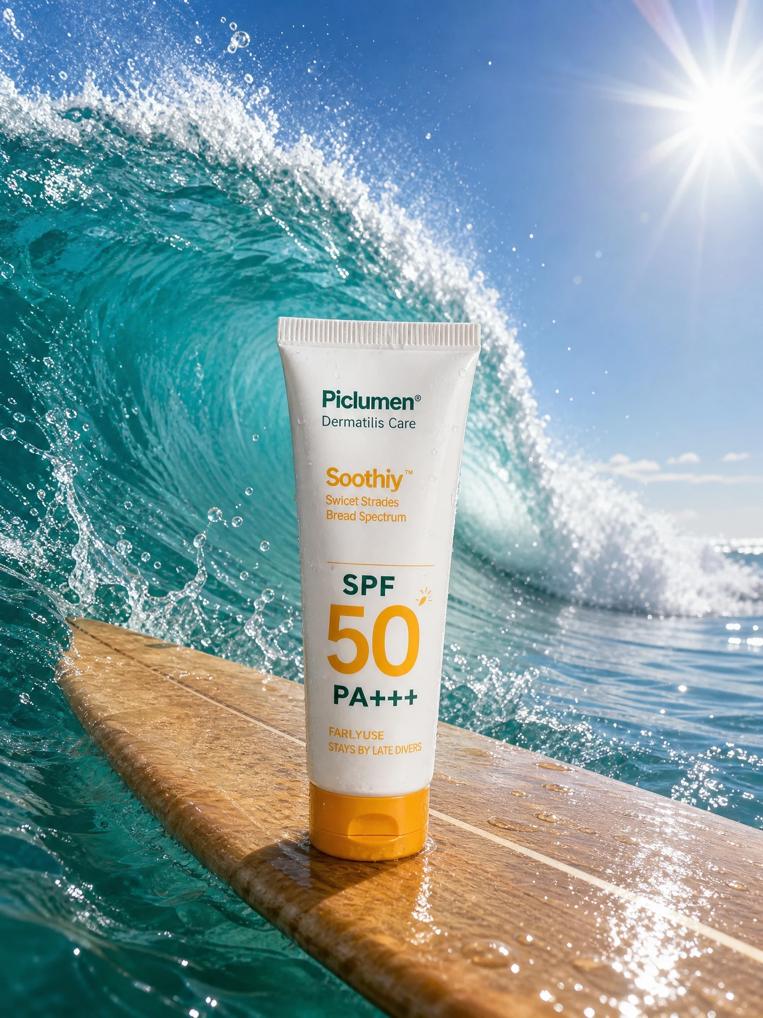 Productos de baño y cuidado corporal sobre tabla de surf con ola del océano rompiendo