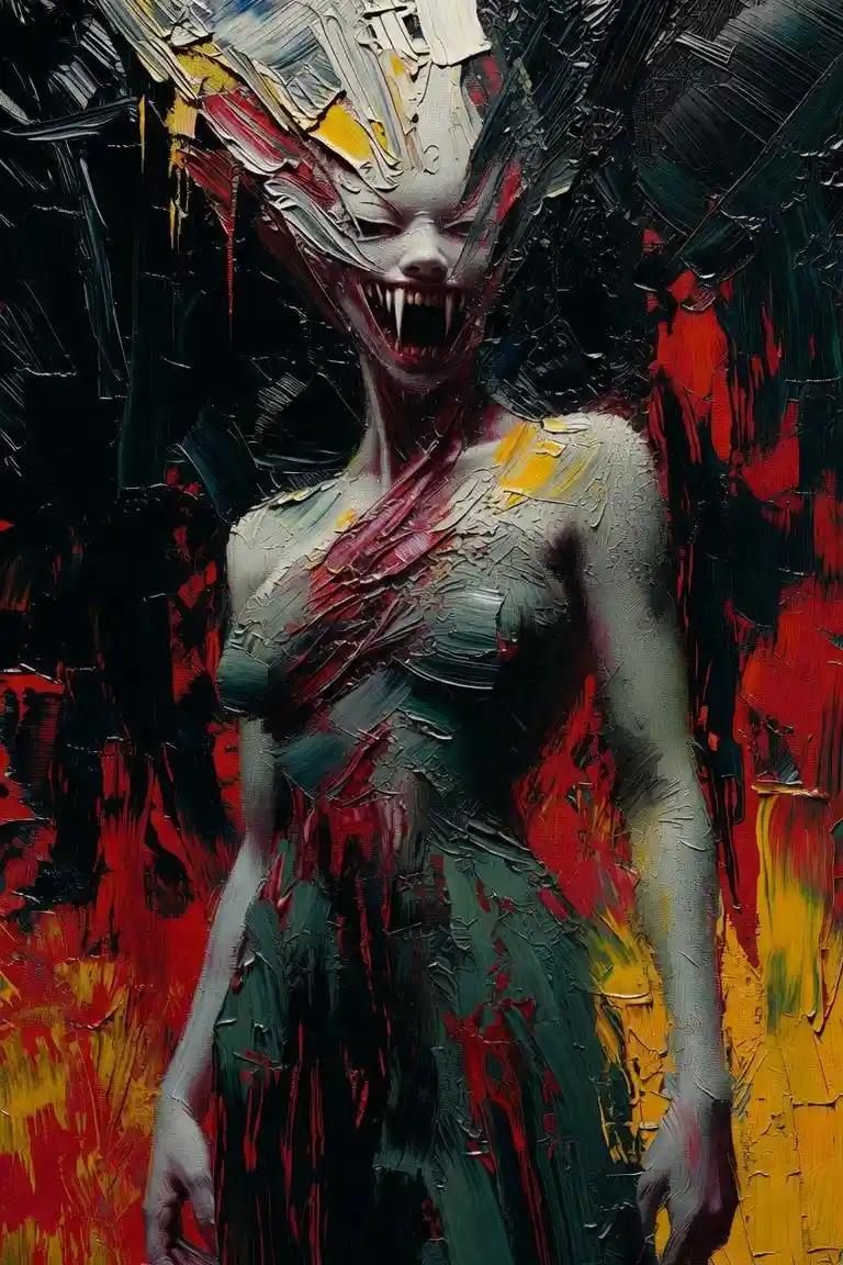 Surreal female demon with horrific fanged face in darkness
