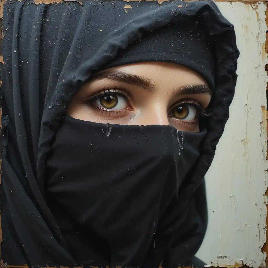 Primer plano de una mujer velada con expresivos ojos marrones