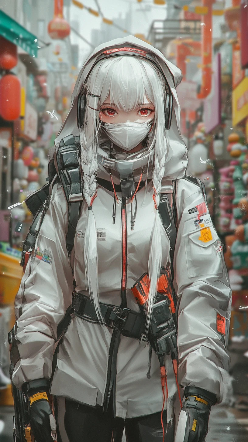 White haired anime girl in mask at an industrial port