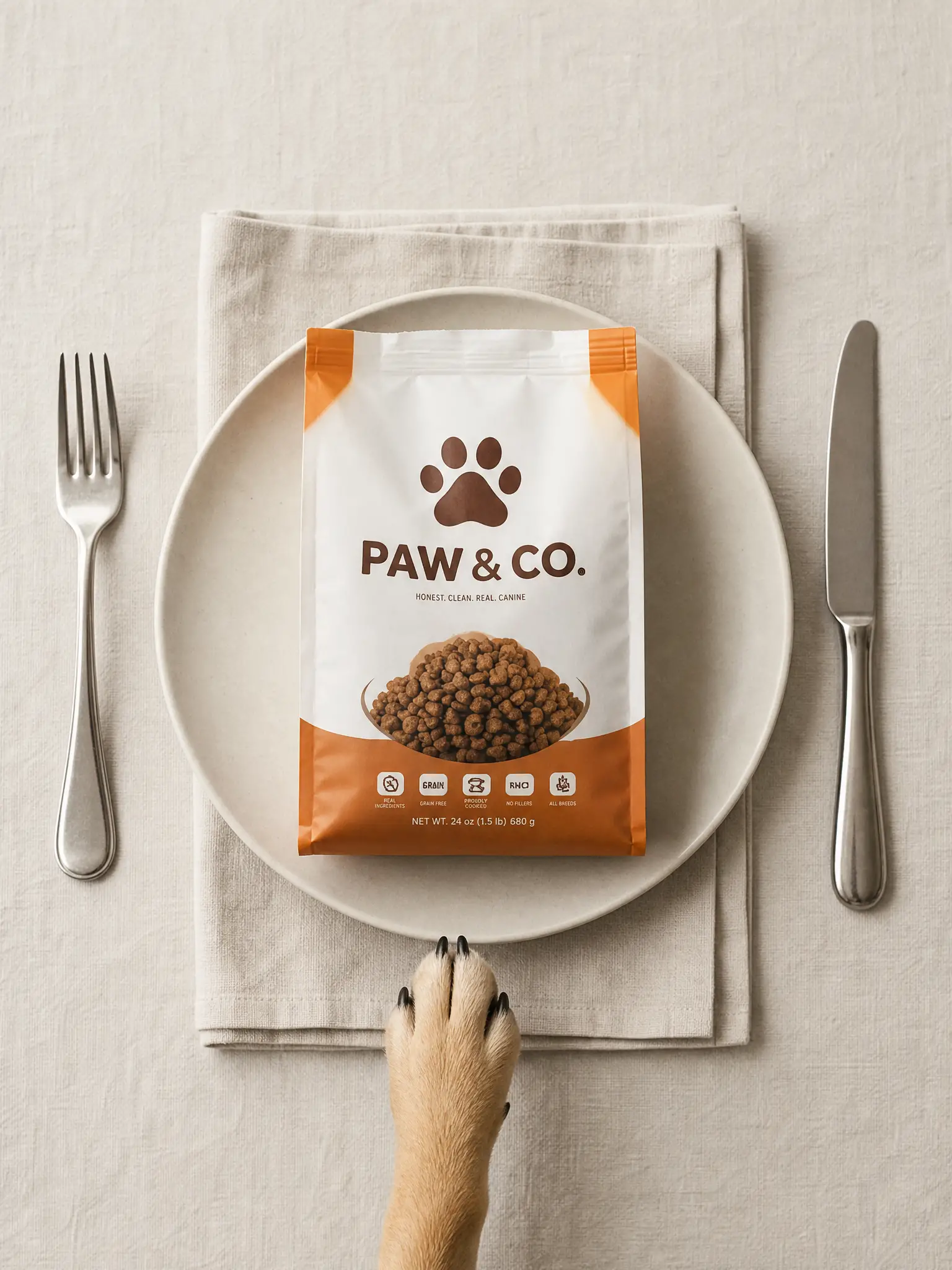 俯視餐盤與寵物飼料包及伸出的爪子