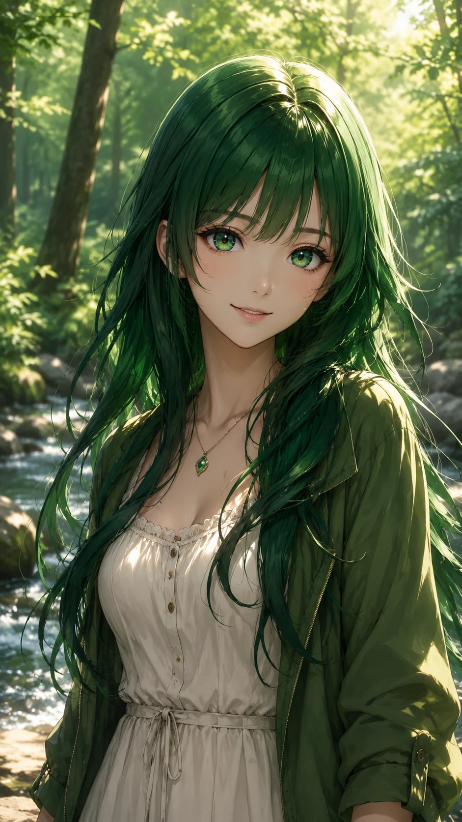 Garota de anime de cabelo verde em uma floresta banhada pelo sol
