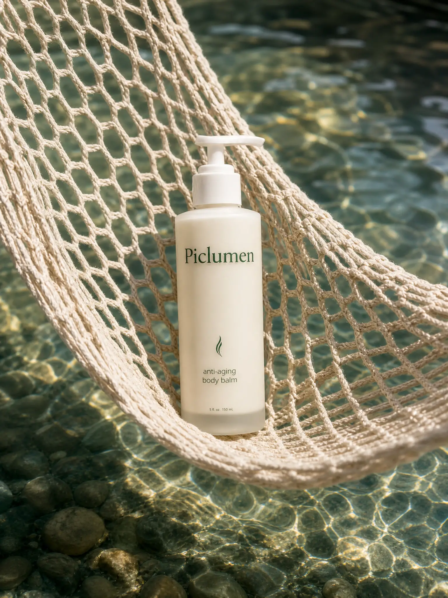 Bade- und Körperpflegeprodukt im Baumwollnetz über sonnenbeschienenem Wasser