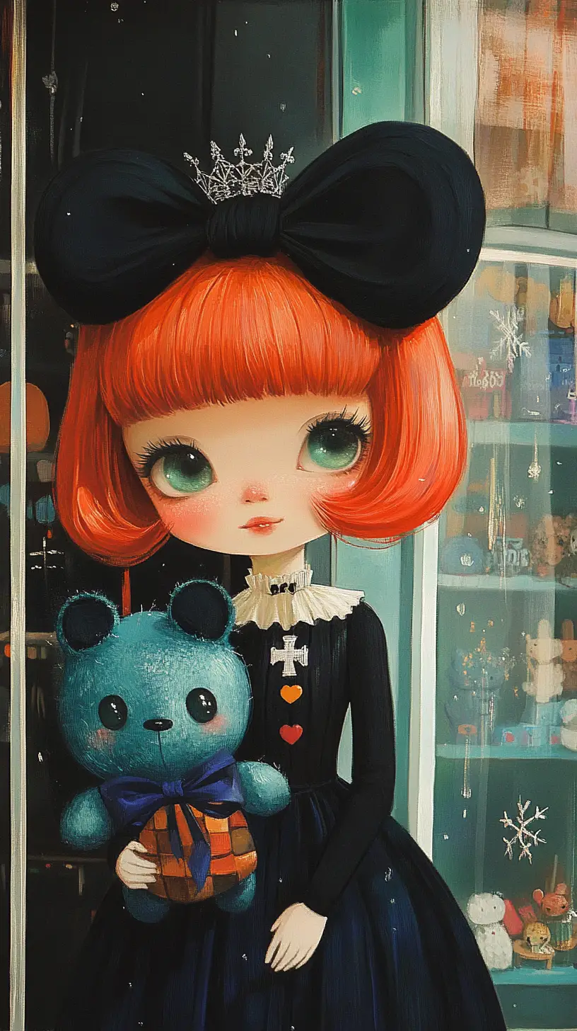 Anime girl hugging a giant teddy bear in toy store