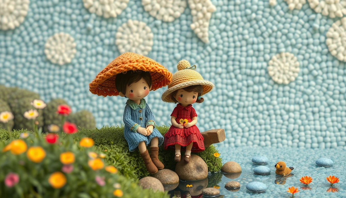 Personajes entrañables en un suave paisaje impresionista en miniatura