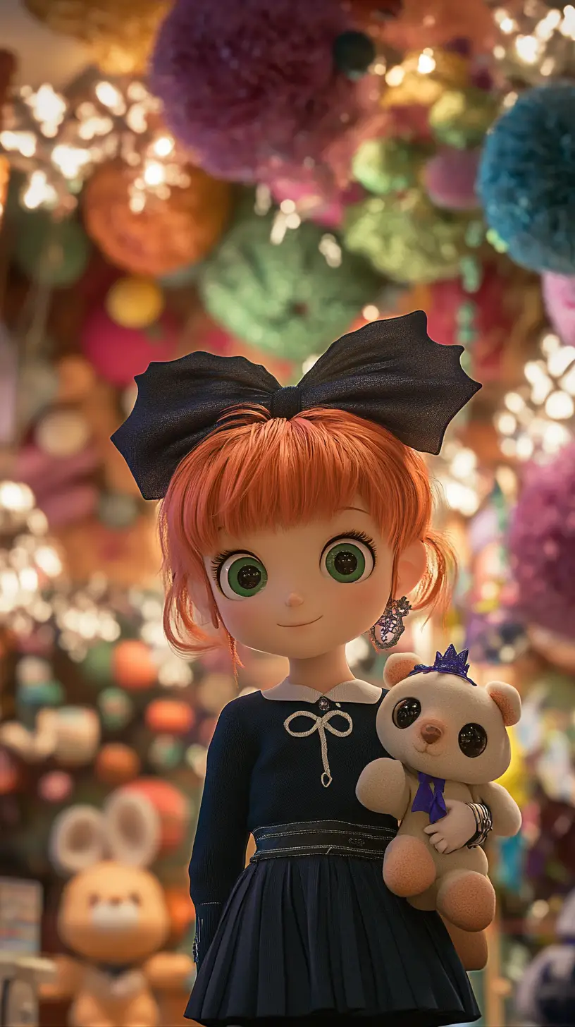 Anime girl hugging a giant teddy bear in toy store