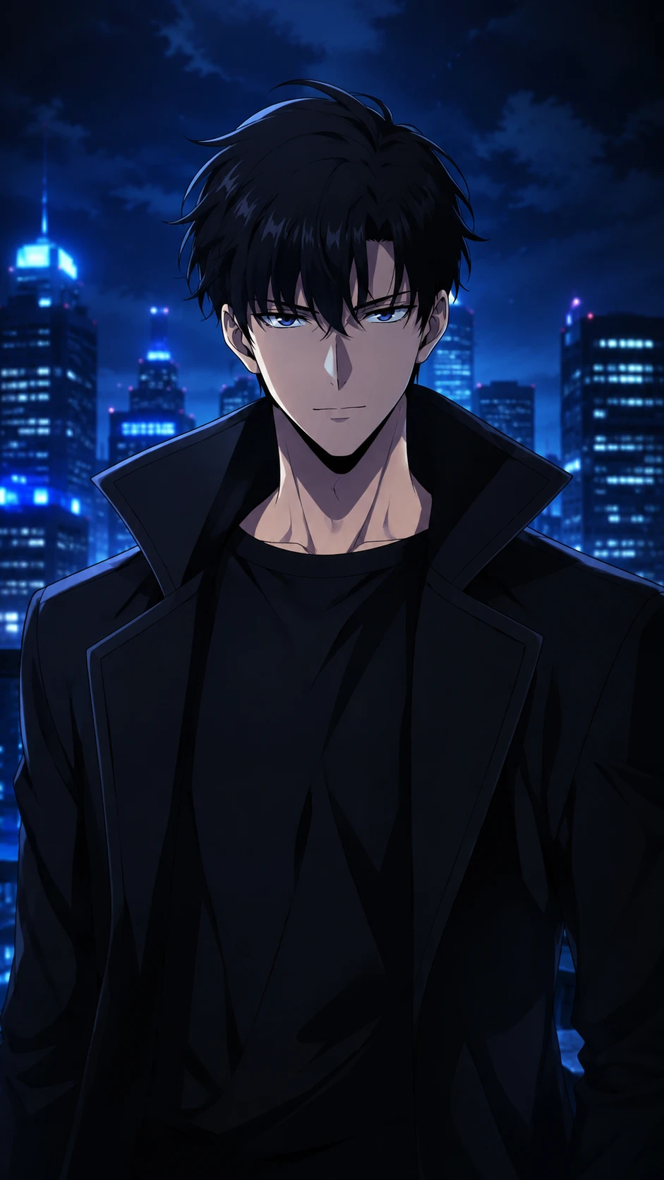 Retrato de héroe de anime en una ciudad moderna de noche