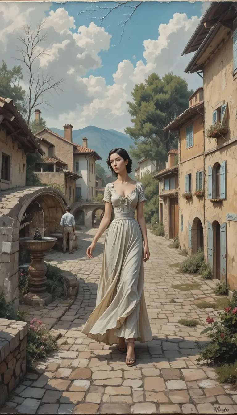 Giovane donna su strada di pietra in borgo poetico a impasto