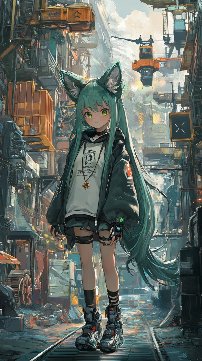 Anime girl walking through a colorful cargo port