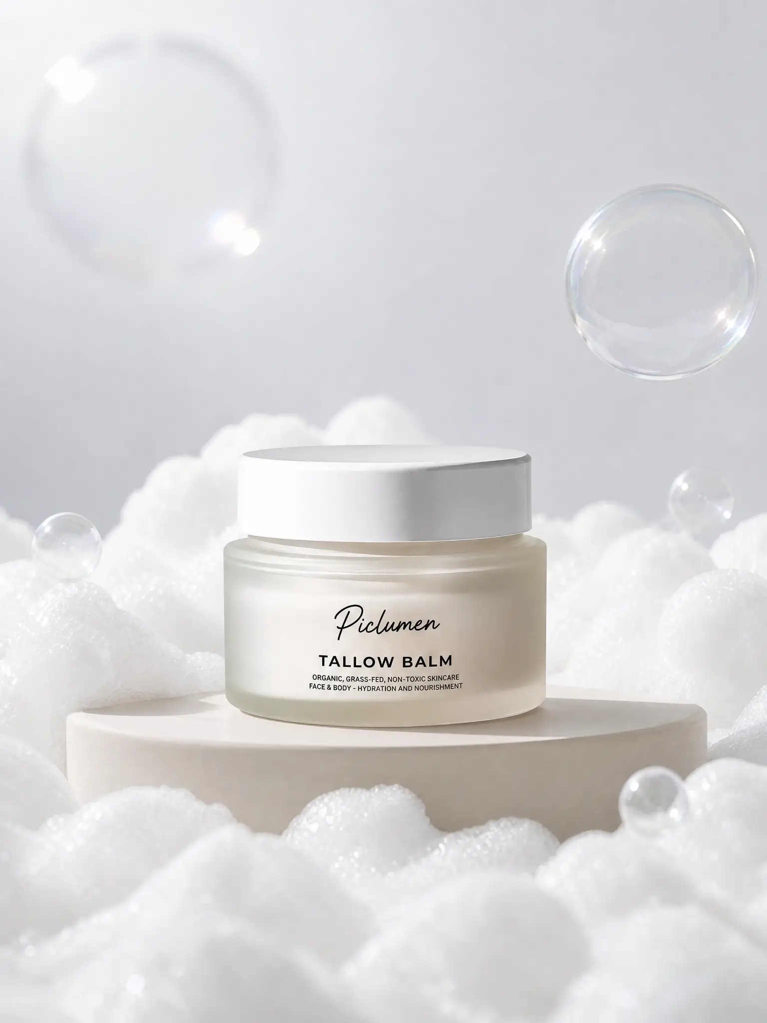 Flacons de produits bain et corps sur plateforme de studio mousseuse