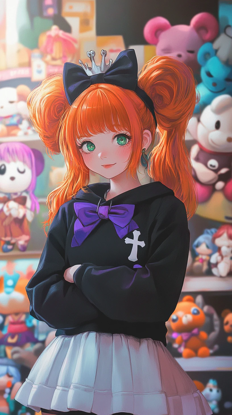 Chica de anime abrazando un oso de peluche gigante en una tienda de juguetes