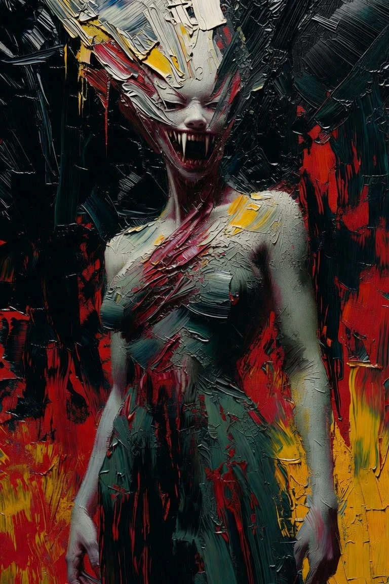 Surreal female demon with horrific fanged face in darkness