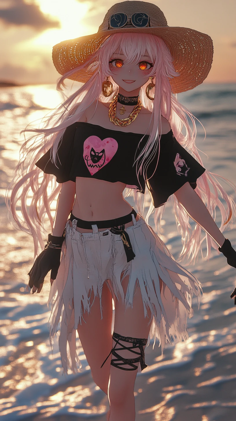 Anime girl walking along a sunny beach at sunset