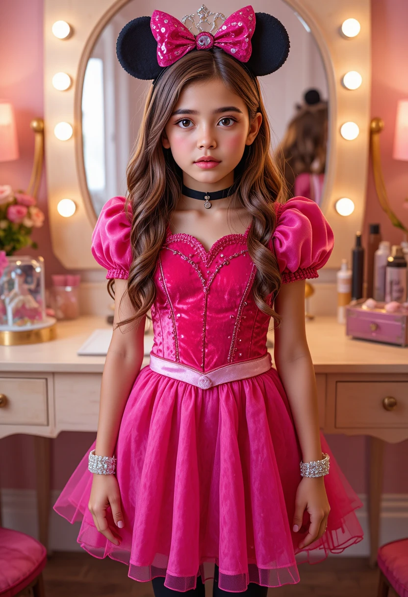 ピンクのドレッサーの前でプリンセス衣装を着たティーン前の男の子
