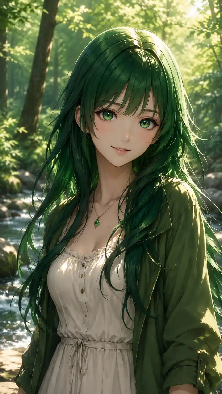 햇살이 비치는 숲속의 초록 머리 애니메이션 소녀