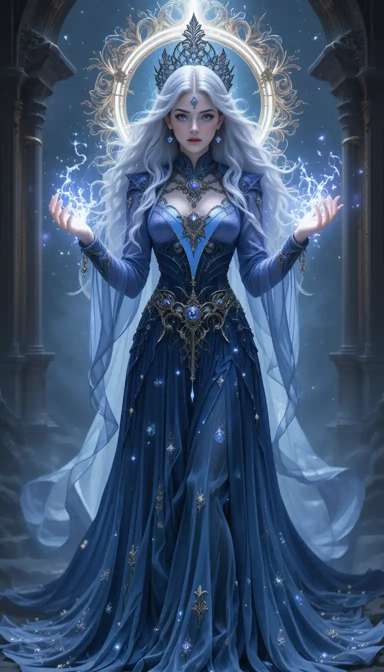Young space sorceress with glowing magic hands