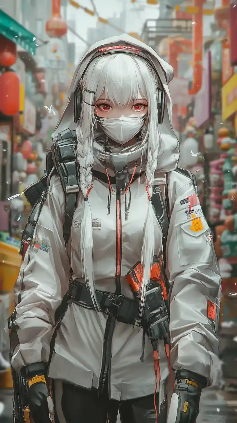White haired anime girl in mask at an industrial port