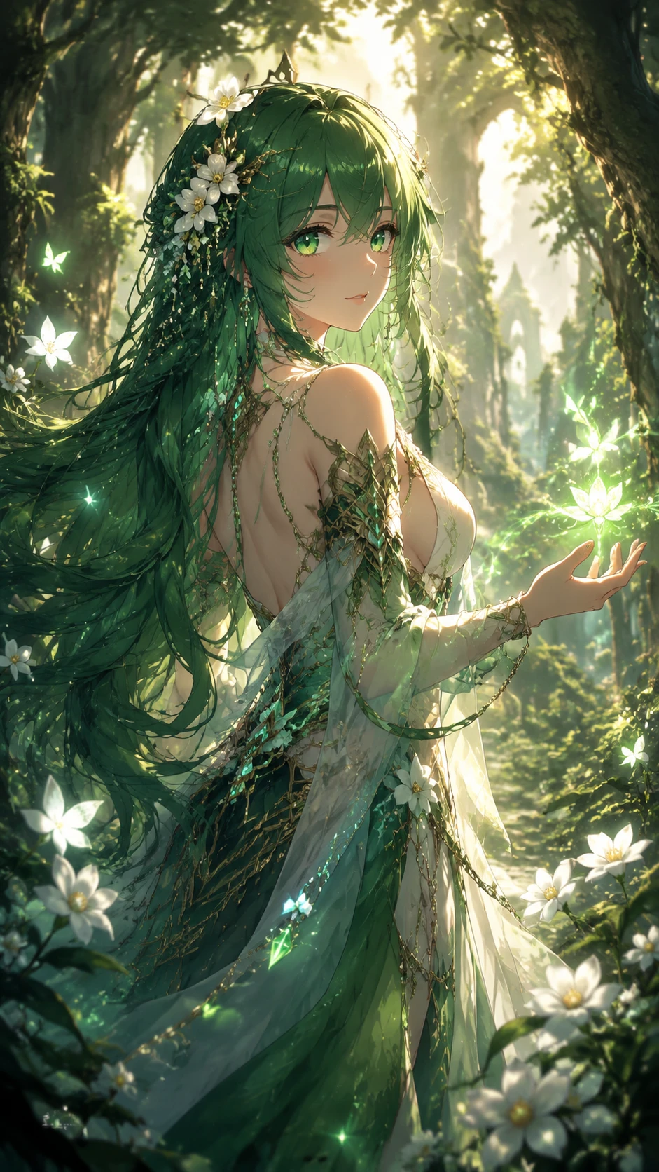 Chica de anime en el bosque con flores brillantes y luz del sol