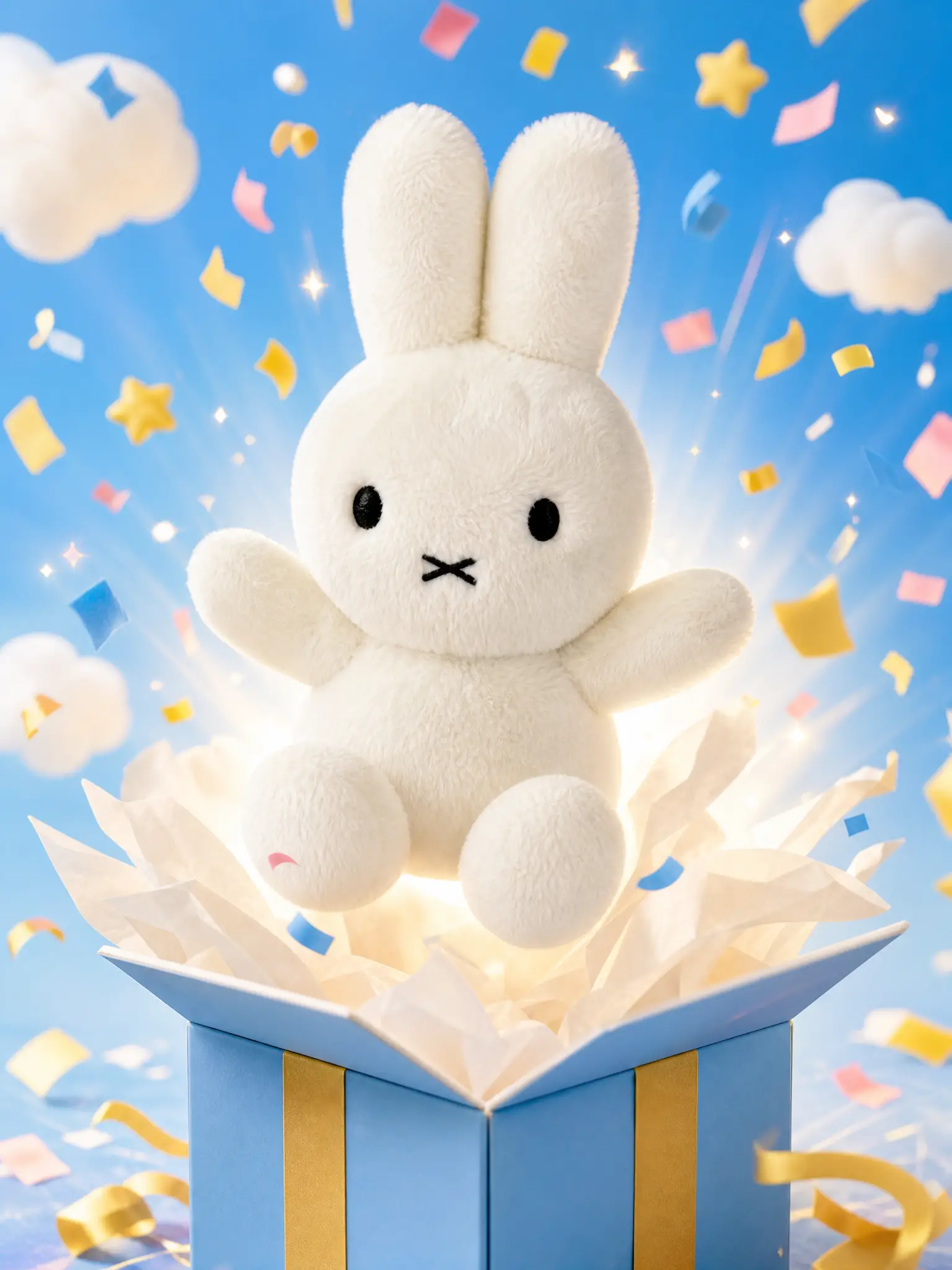 Colorful kids toy bursting from gift box with confetti