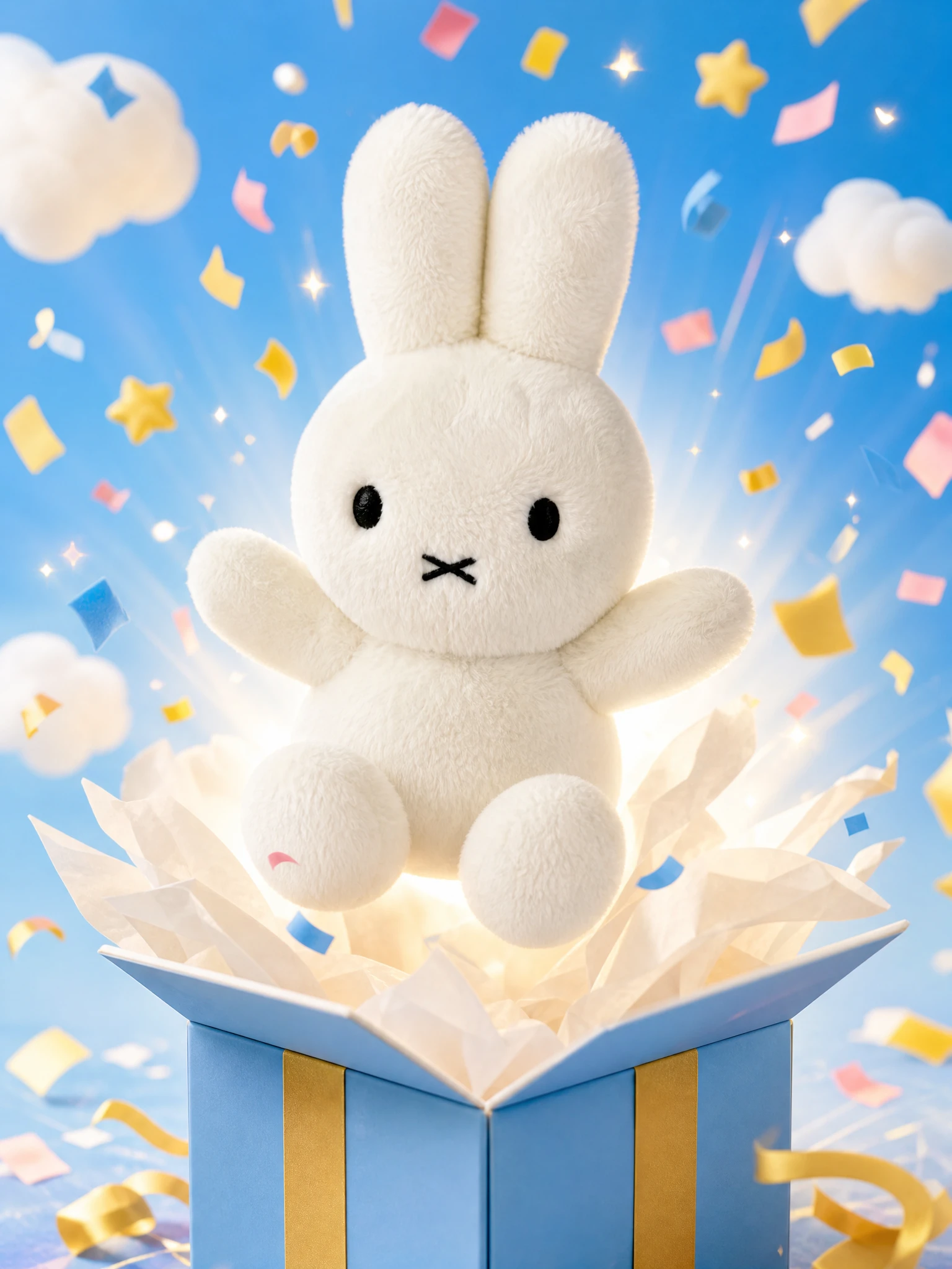 色とりどりの子ども用おもちゃがプレゼント箱から飛び出し、紙吹雪が舞うシーン