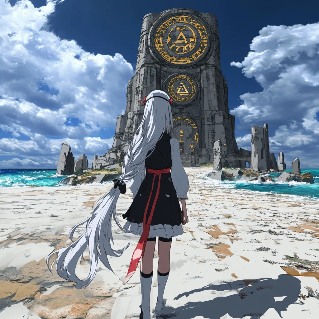 Anime girl walking to a colossal stone circle temple