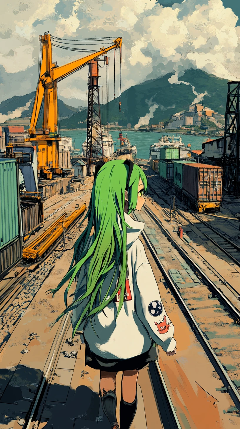 Anime girl walking through a colorful container port