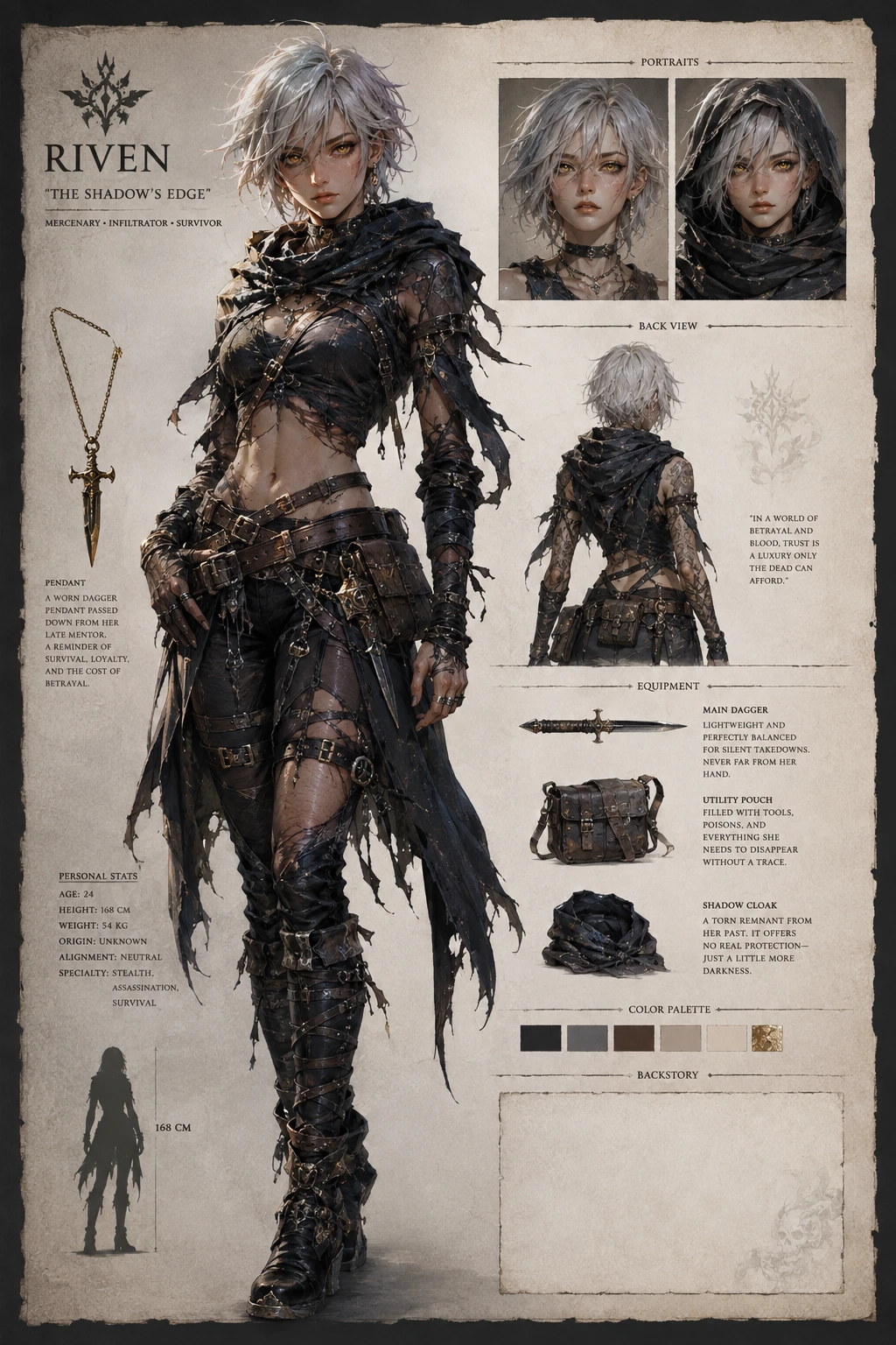 Fantasy mercenary girl character design with silver hair