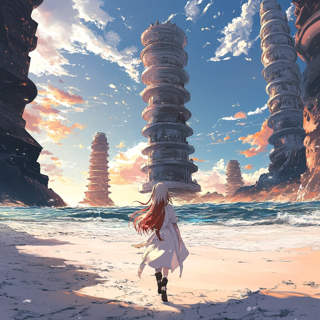 Chica de anime acercándose a un colosal templo de círculo de piedra