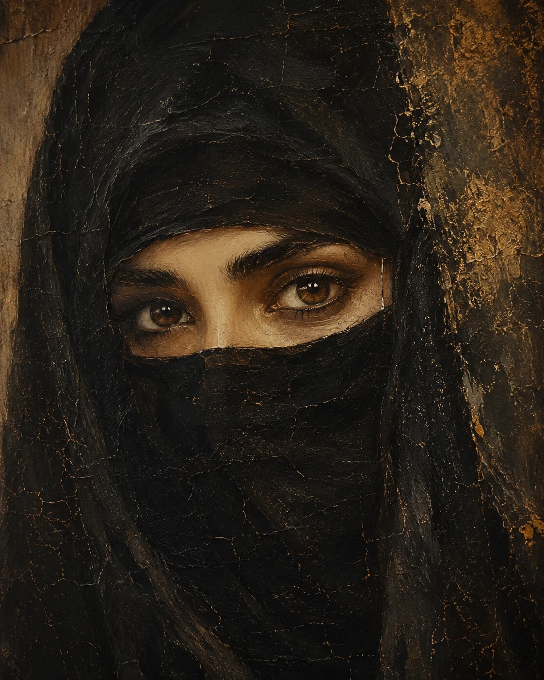 Primer plano de una pintura al óleo de una mujer velada con ojos marrón oscuro