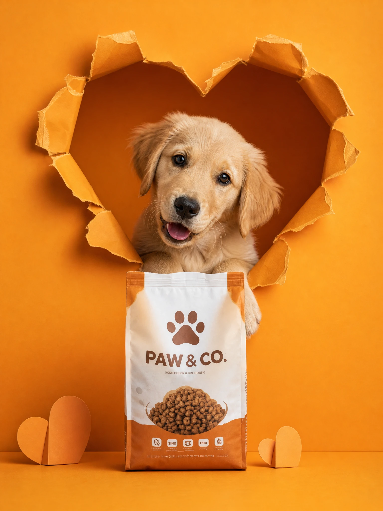 Playful pet peeking through heart paper behind food package