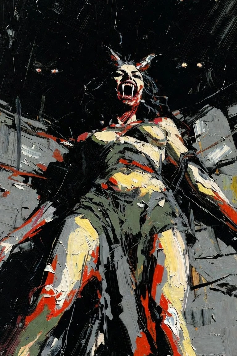 Mujer Demonio Surrealista de Cuerpo Completo en Estilo de Horror Oscuro
