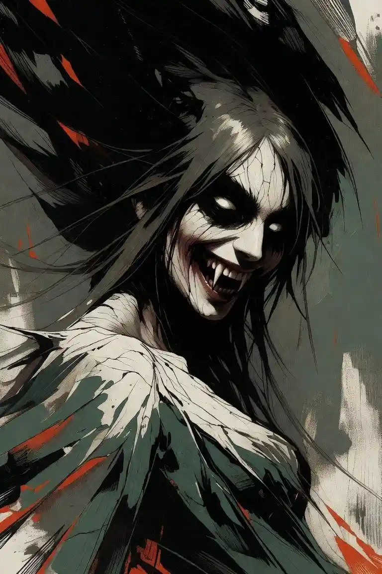 Surreal female demon with horrific face in dark horror style