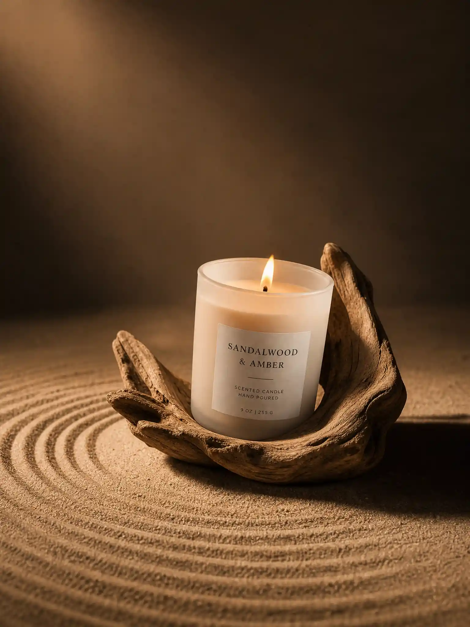 Flacon de parfum niché dans du bois flotté sur sable sculpté