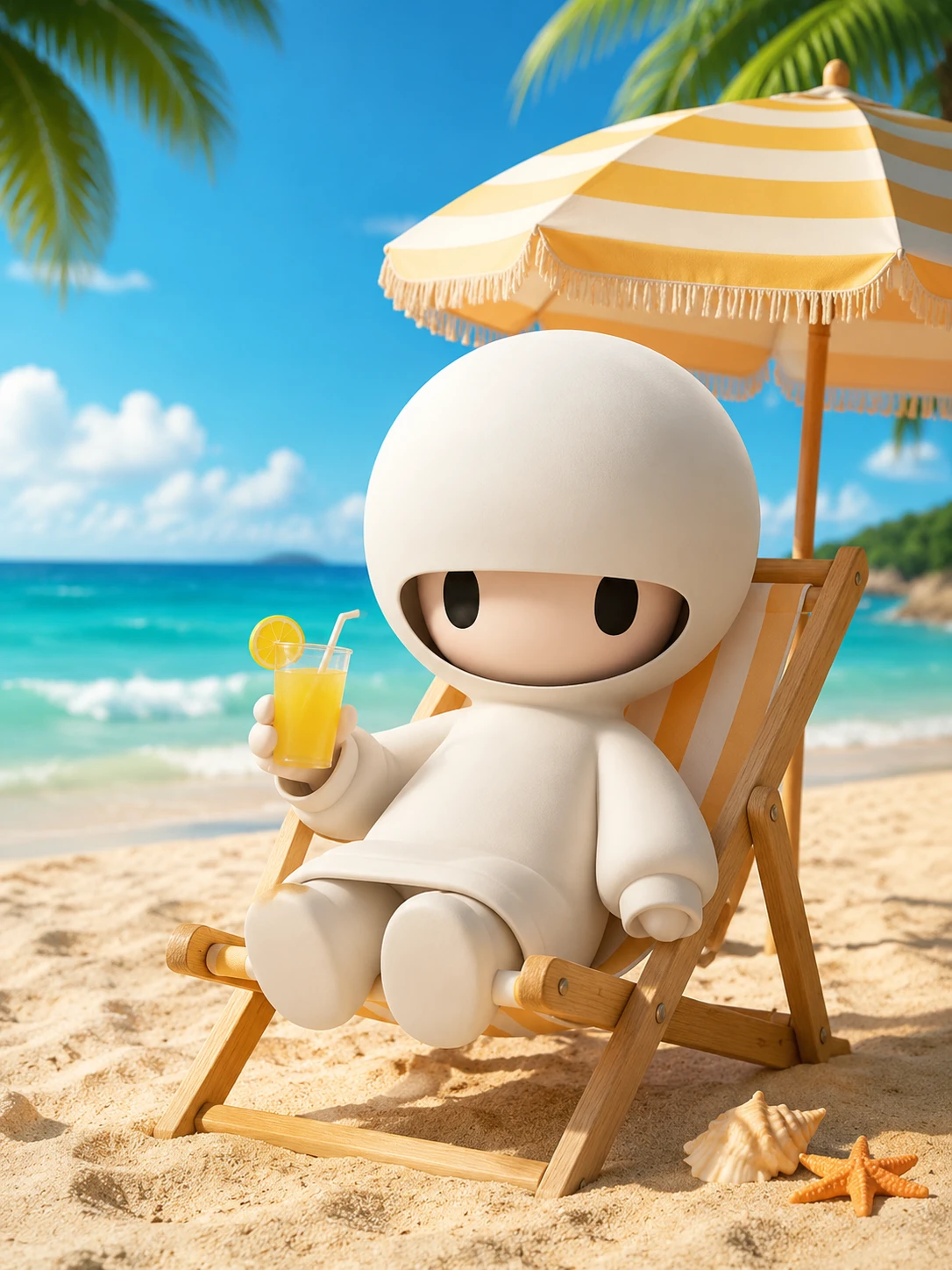 Juguete de peluche relajándose en una silla de playa tropical