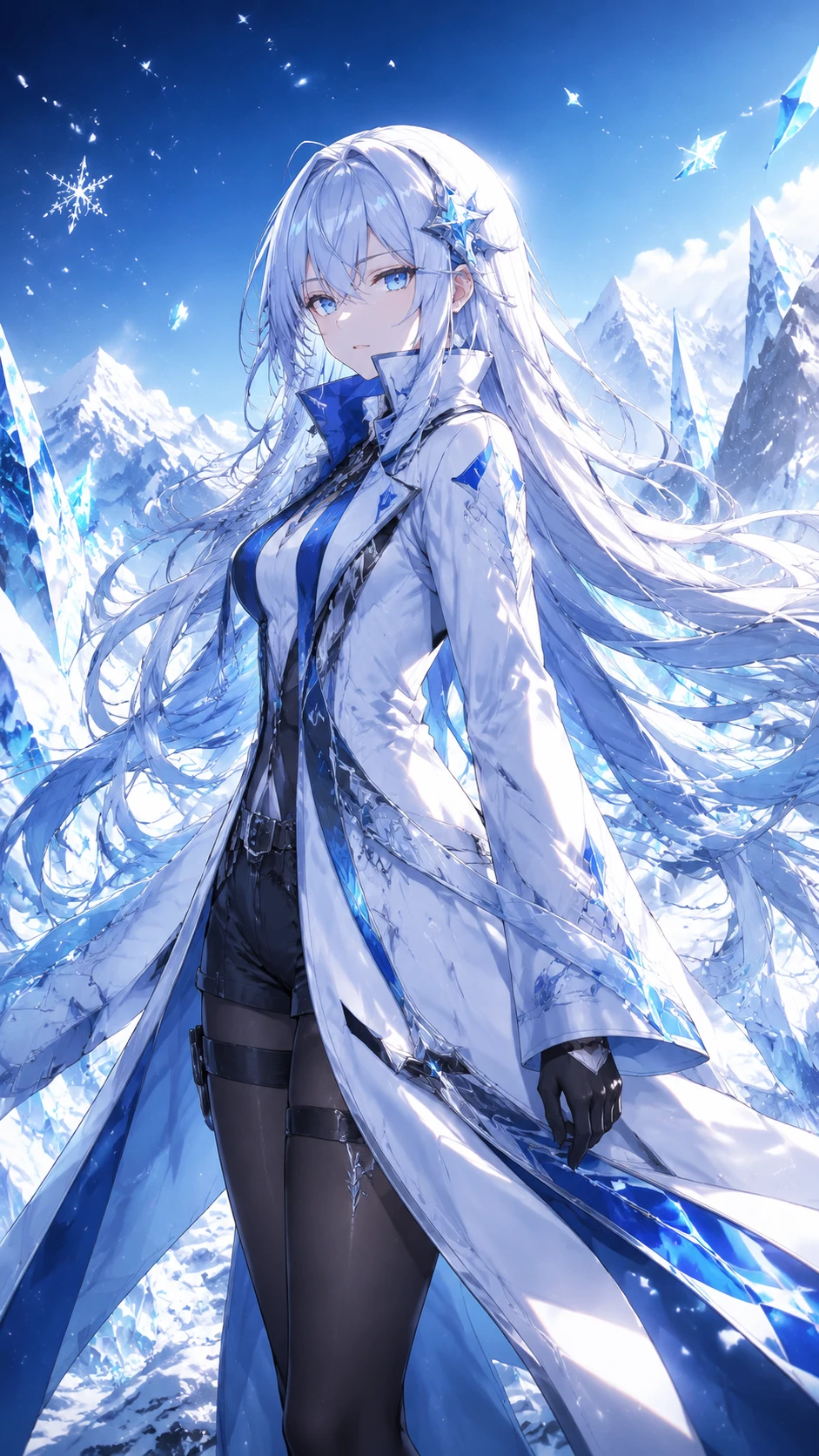 Chica de anime con cabello azul plateado en montaña nevada