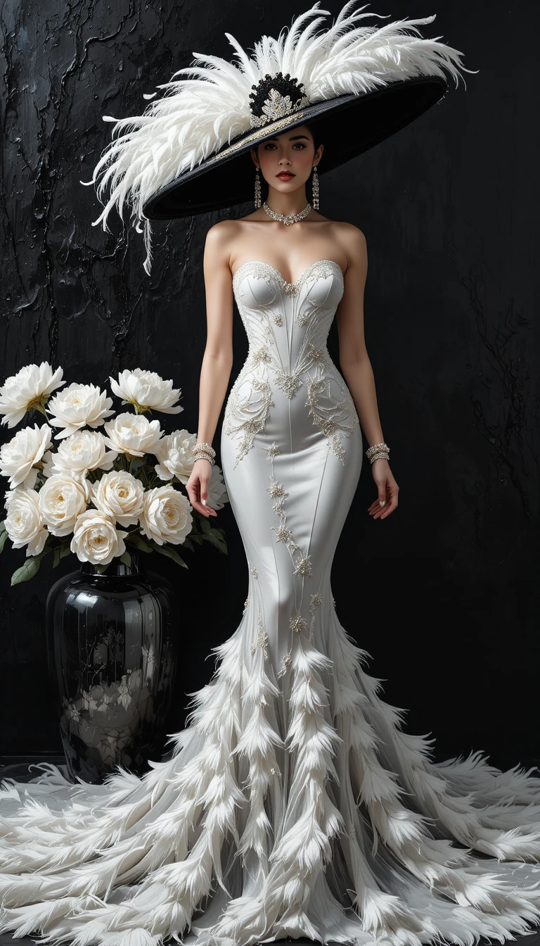 Mujer elegante con vestido sirena blanco y sombrero de plumas