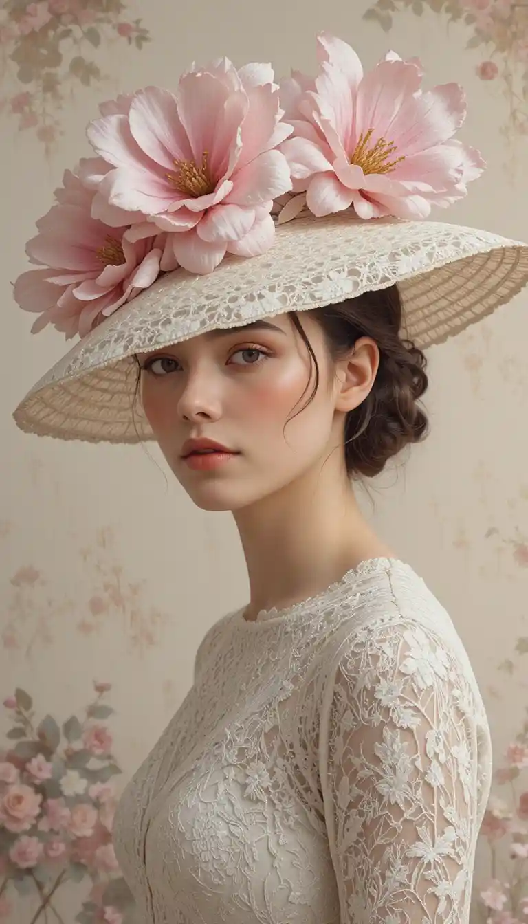 Mujer elegante con sombrero de encaje y suaves flores románticas