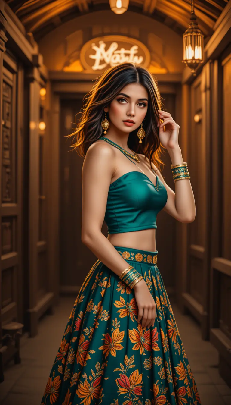 Ritratto di ragazza sudasiatica sicura di sé in lehenga verde