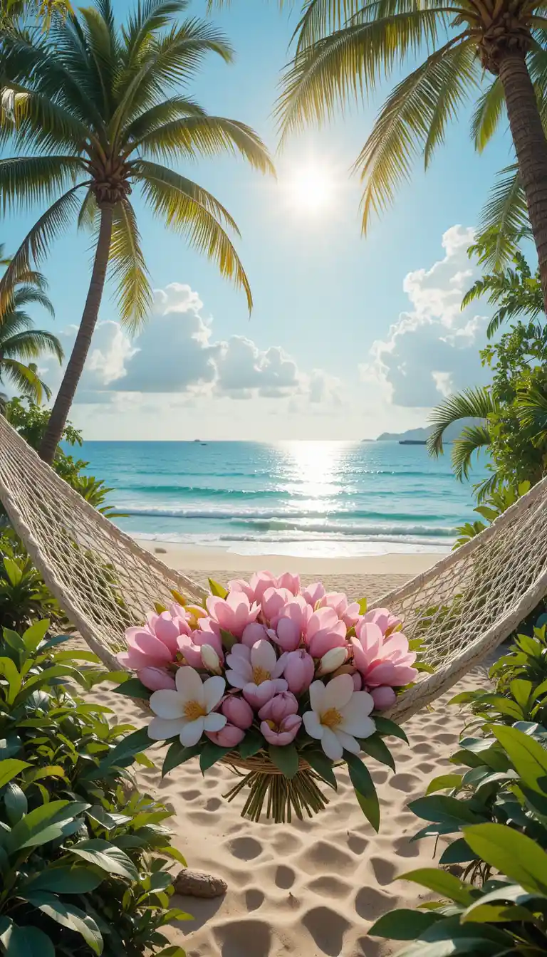 Sonniger tropischer Strand mit Palmen und Hängematte
