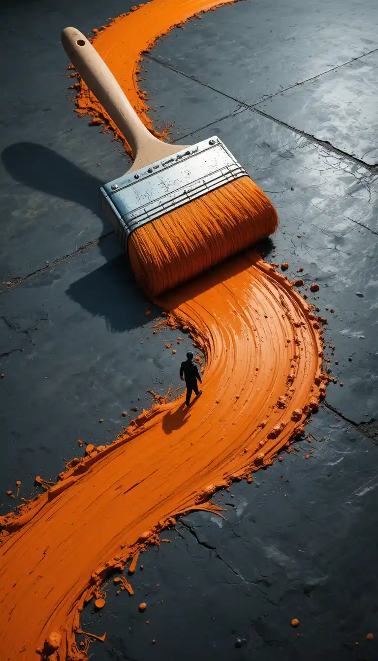 上空から見た巨大な筆が描くうねるオレンジの道