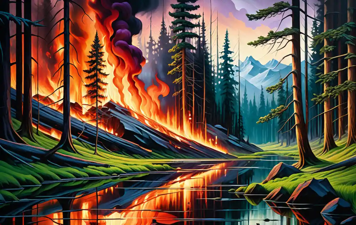 Incendio in una foresta da fiaba oscura nel paesaggio del nord‑ovest del Montana